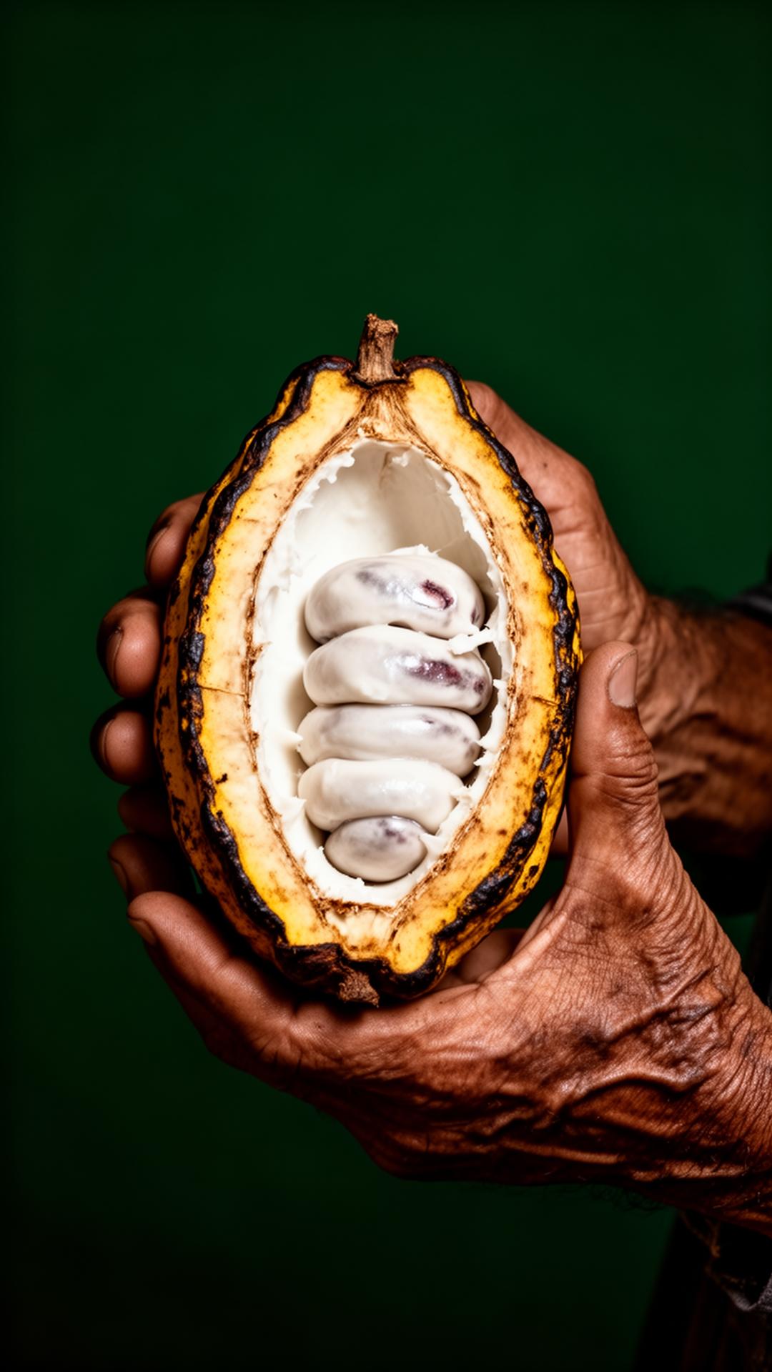 Fresh cocoa pod cracked open in the hands of an Idukki farmer